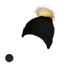 S0014 – 100% Acrylic deep ribbed knit beanie with turn-up and faux fur bobble