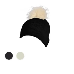 S0015 – 100% Acrylic flat ribbed knit beanie with turn-up and faux fur bobble
